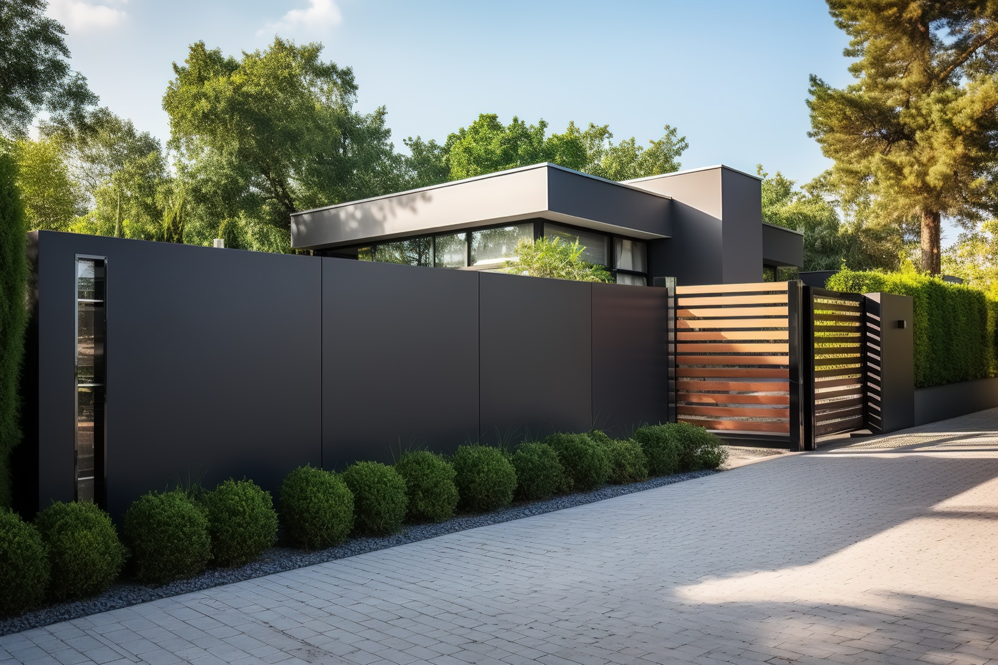 Modern minimalist panel fence with gate and house exterior, property protection Zaunbau